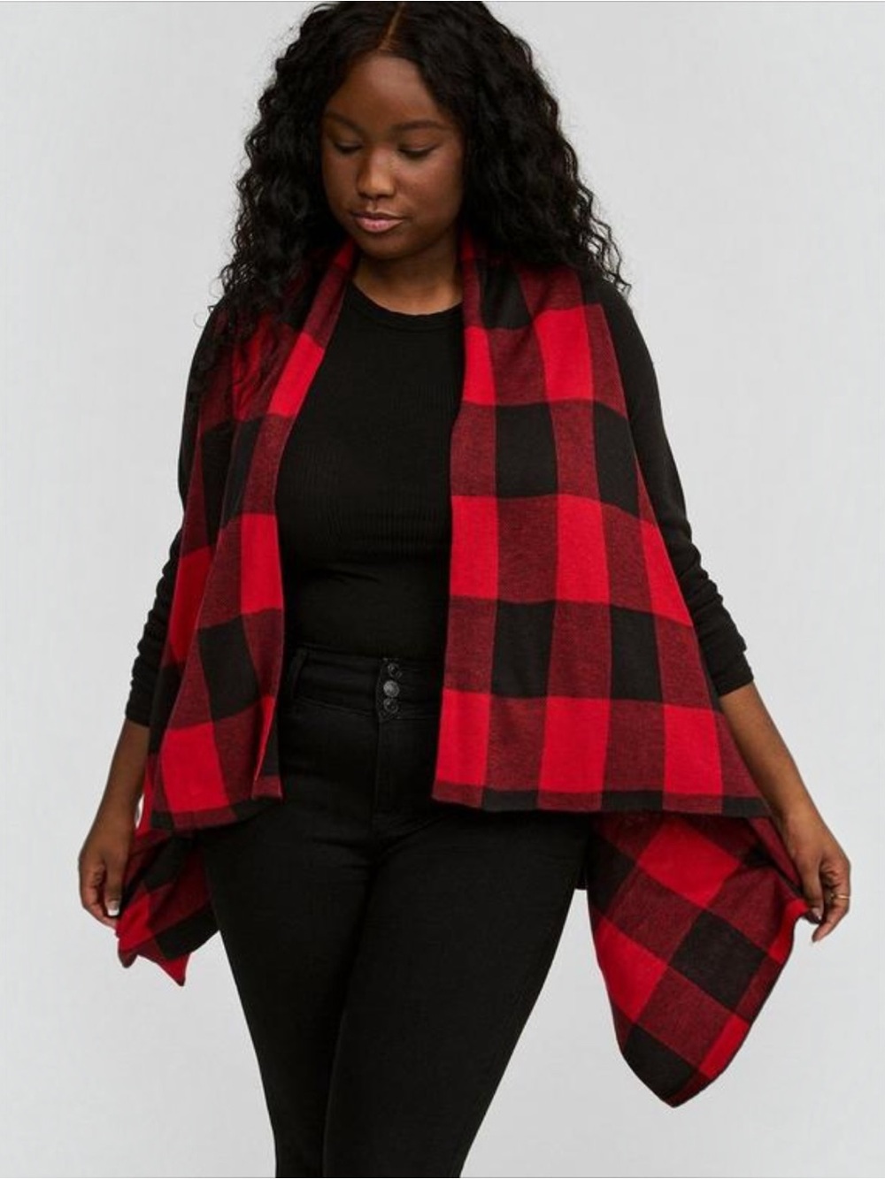 Torrid Size 0 (L/12) Red Black Buffalo Plaid Drape Front Open Cardigan Sweater